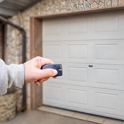 Plano security key fob pointing to a garage door